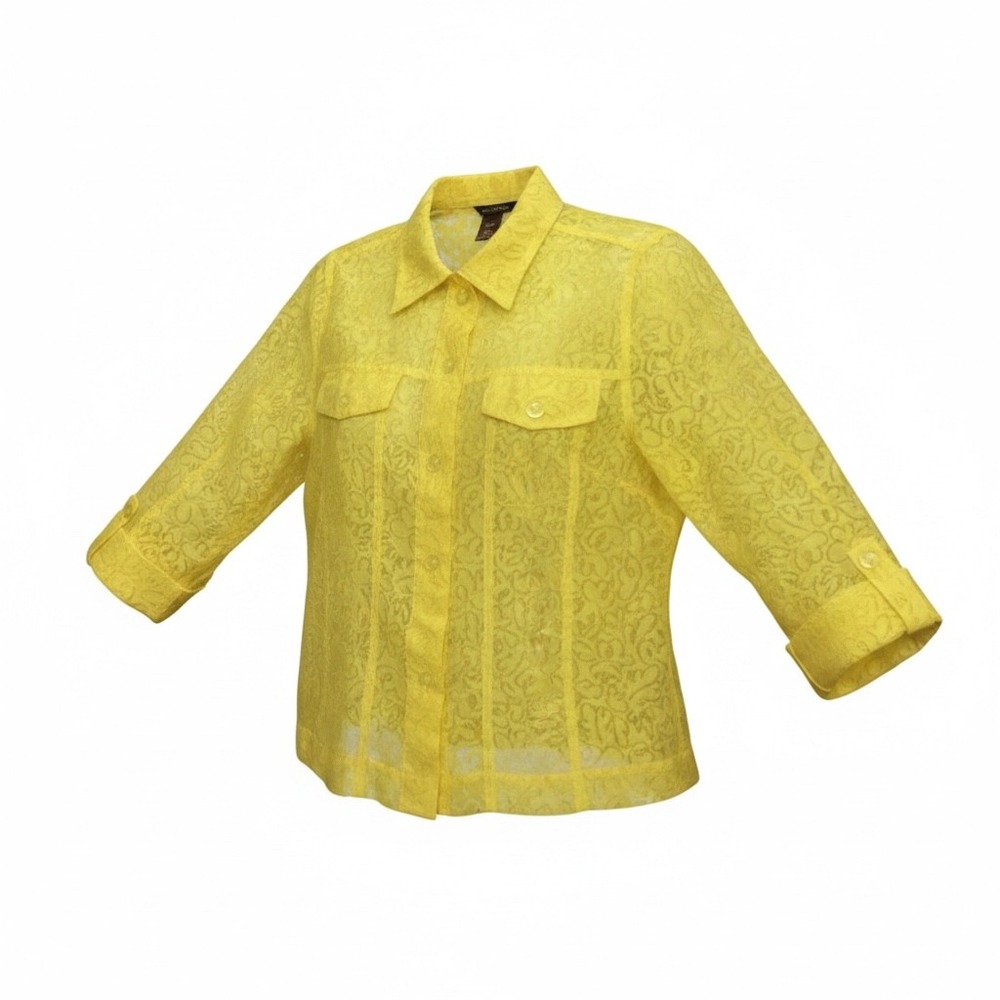 Multiples Yellow Burnout Lace Button Jacket 3/4 Sleeve Womens M